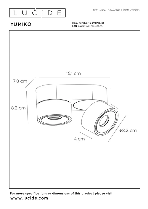 Lucide YUMIKO - Spot plafond - Ø 7,8 cm - LED Dim. - 2x10W 2700K - Blanc - technique